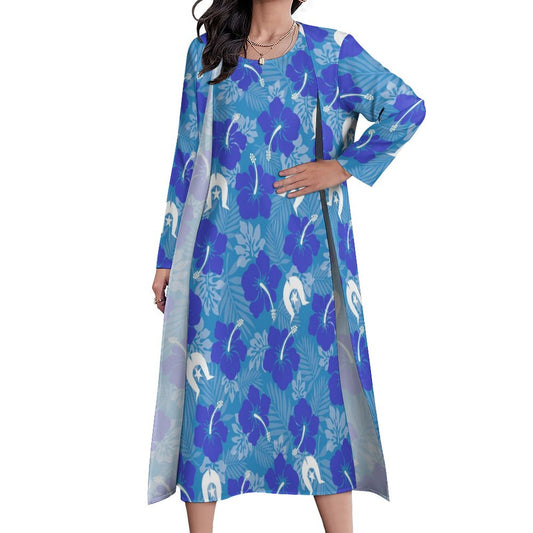 Hibiscus flowers with Dhari (Royal blue) on  Long Dress Set