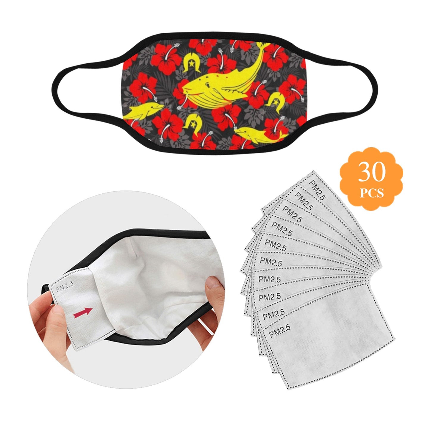 Royal Red Hibiscus with Yellow Dhari, Whale and Dolphin on Fabric facemask (30 PCS Filters Included)