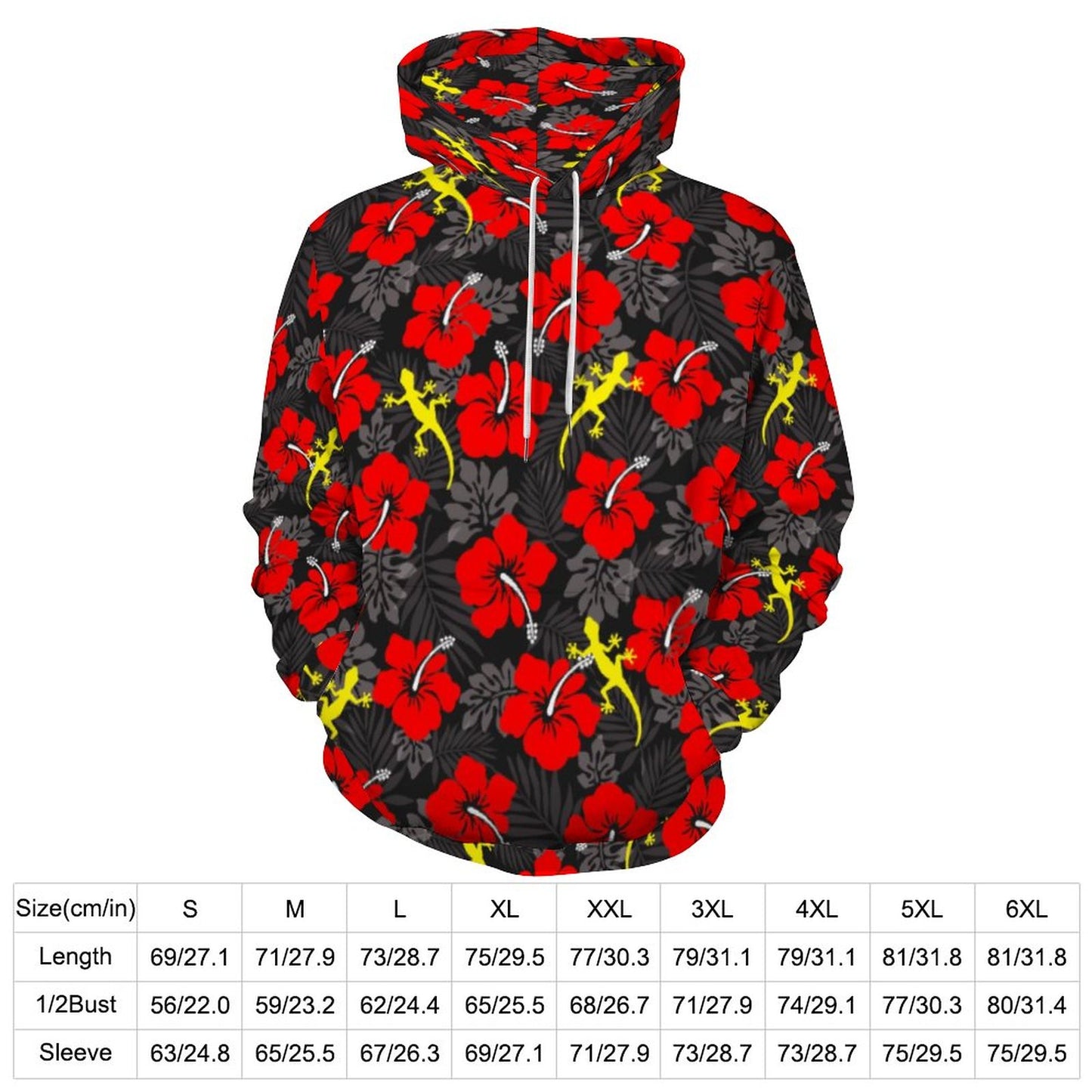 Royal Red Hibiscus flowers with Gecko on Men's Cool Hoodie with Double-layer Cap