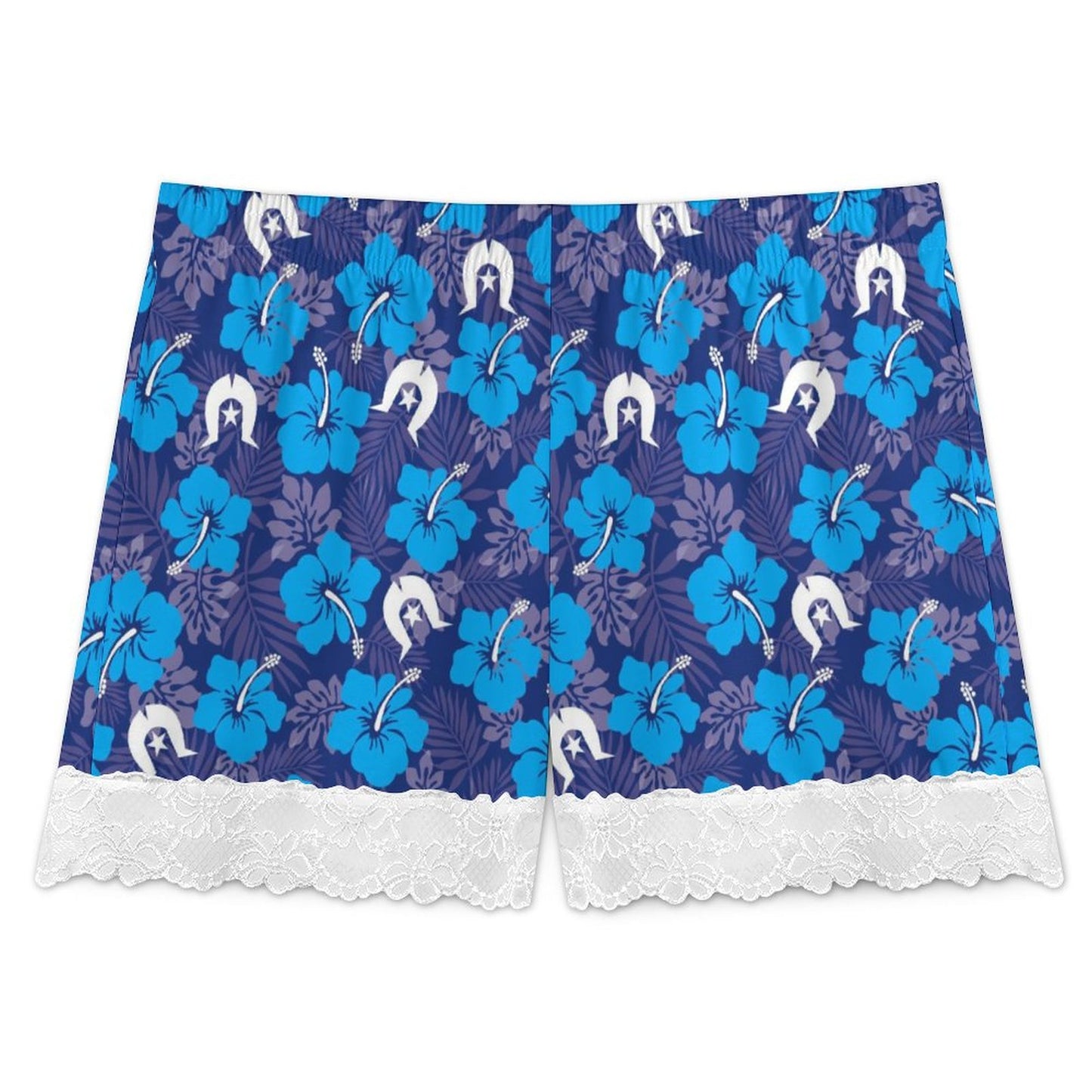 Hibiscus flowers with White Dhari (Royal blue) on 200gsm Women's Lace Trim Pajama Shorts