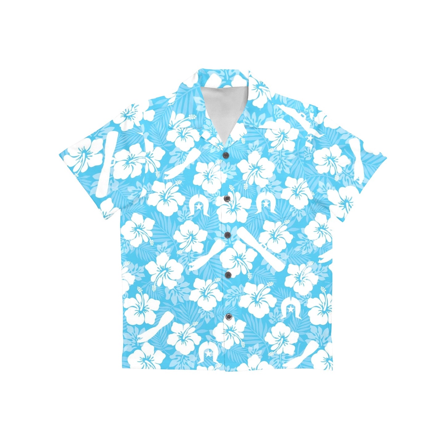 White Hibiscus flowers, Warup and Dhari (Blue) on Little Boys' Hawaiian Shirt