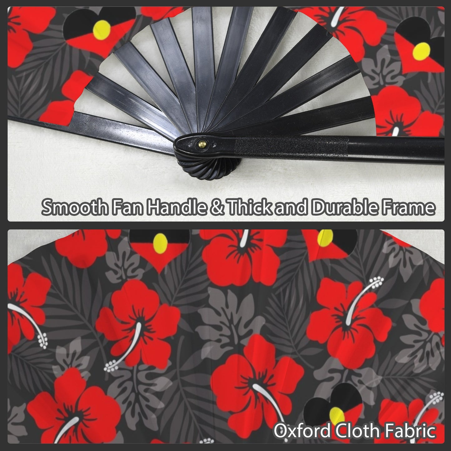 Royal Red Hibiscus and heart shaped Aboriginal flag on Folding Clack Fan