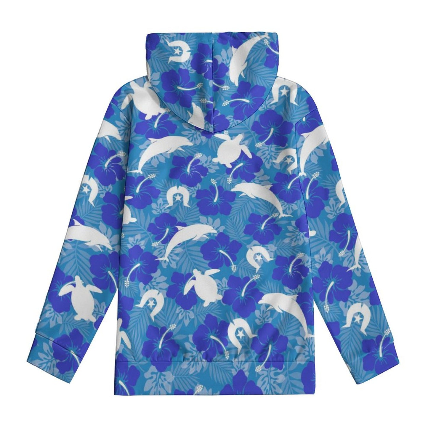 White Hibiscus flowers with Dolphin, Turtle and Dhari (Royal blue) on Youth's Hoodie