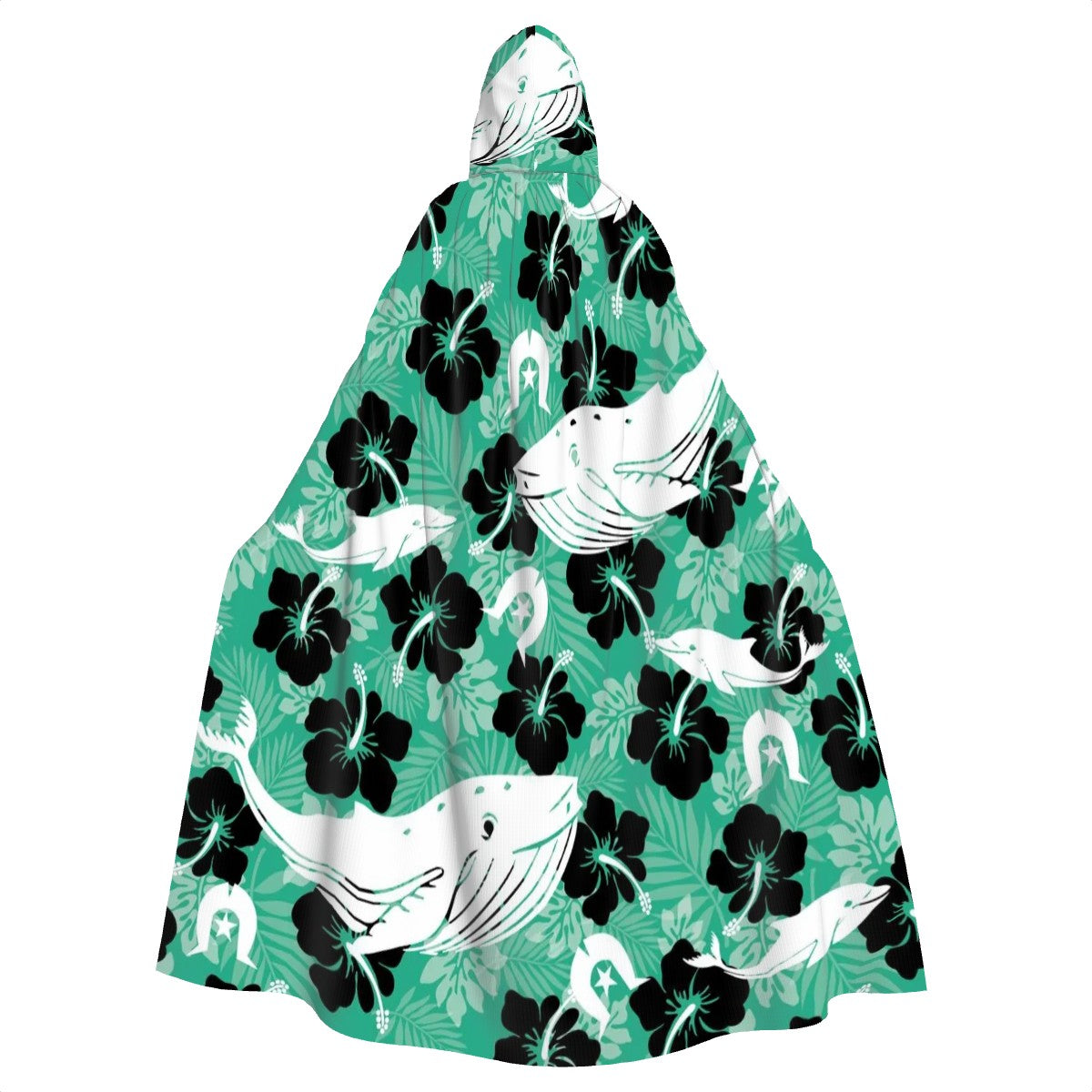 Black Hibiscus with Whale, Dolphin and Dhari on Hooded Cloak