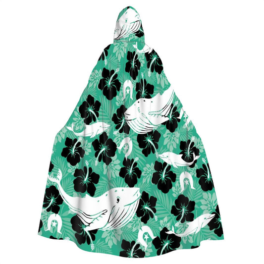 Black Hibiscus with Whale, Dolphin and Dhari on Hooded Cloak