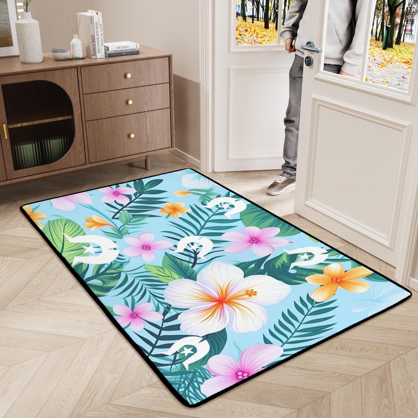 Light Pink Hibiscus flowers with White Dhari on Doormat (90x61cm) (Set of 3)