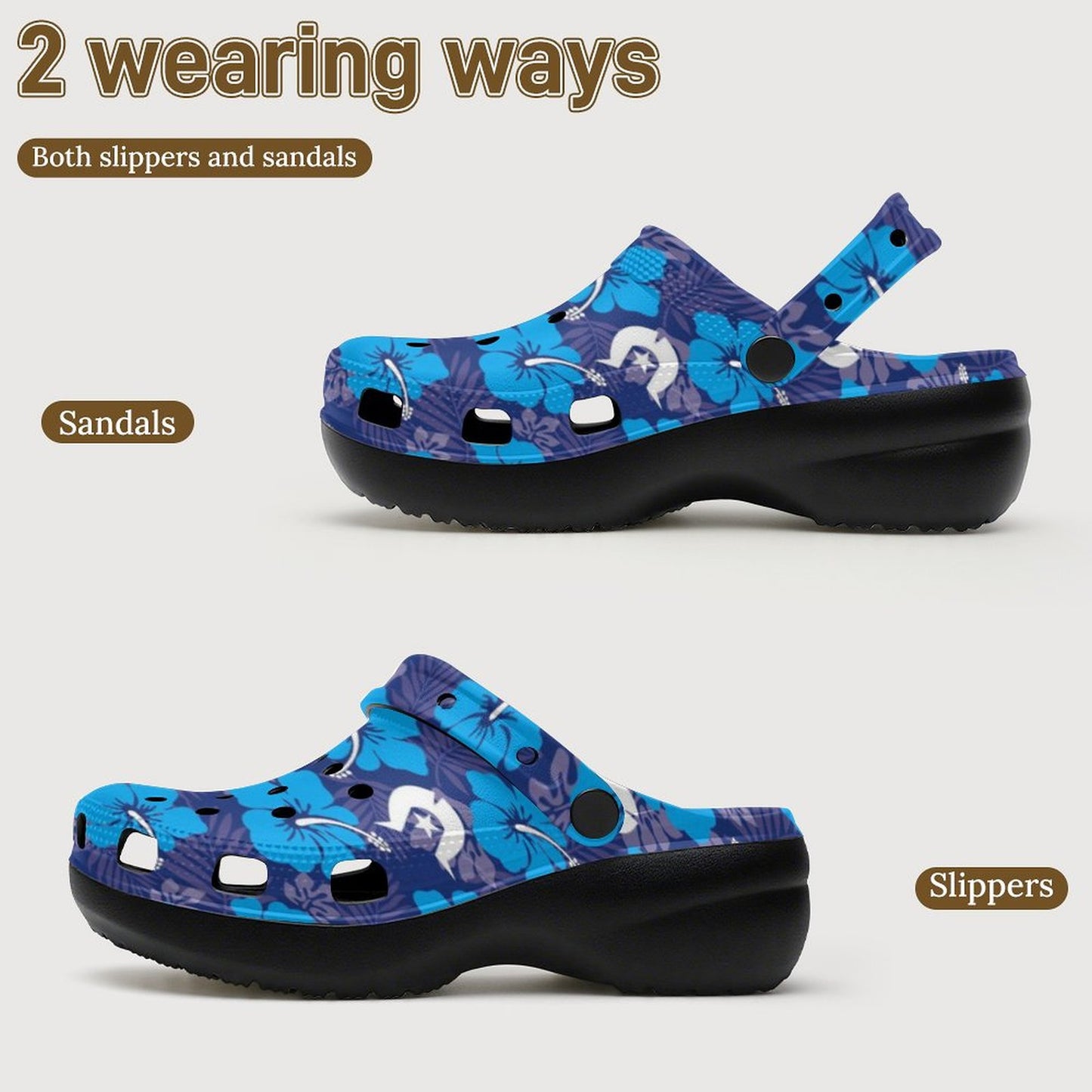 Hibiscus flowers with White Dhari (Royal blue) on Women's High-heeled Clogs