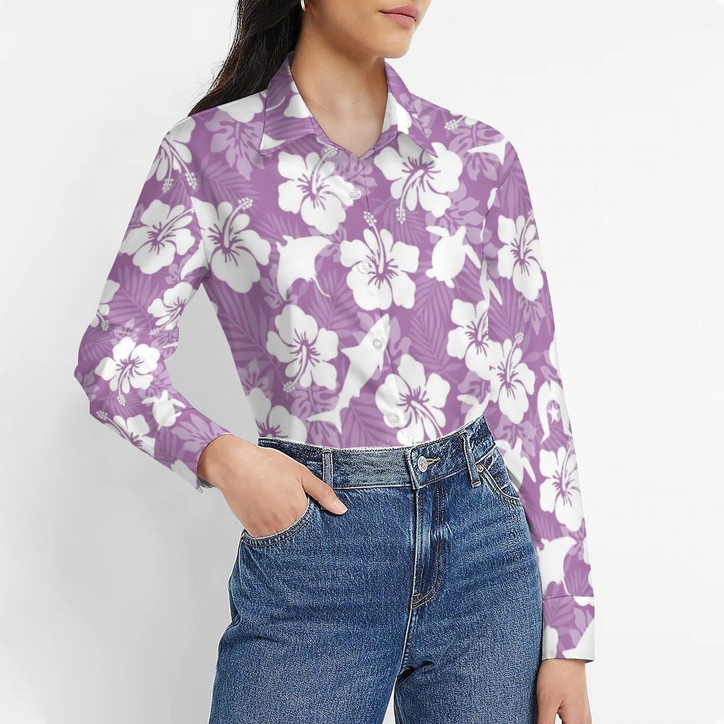 White hibiscus flowers with Dhari, Shark, turtle, and stingray (Purple) on Women's Flower Blouse Long Sleeve