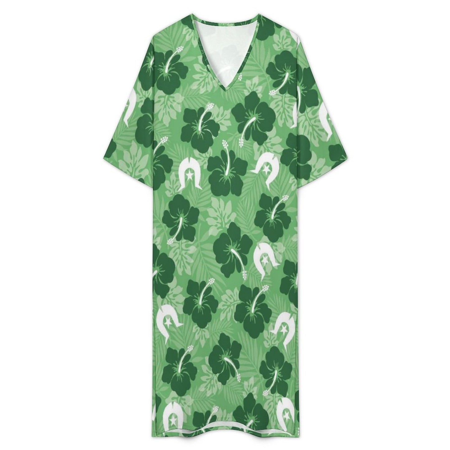 Hibiscus flowers with Dhari (Sea Grass Green) on Mediterranean Style V Neck Mid-Sleeve Robe
