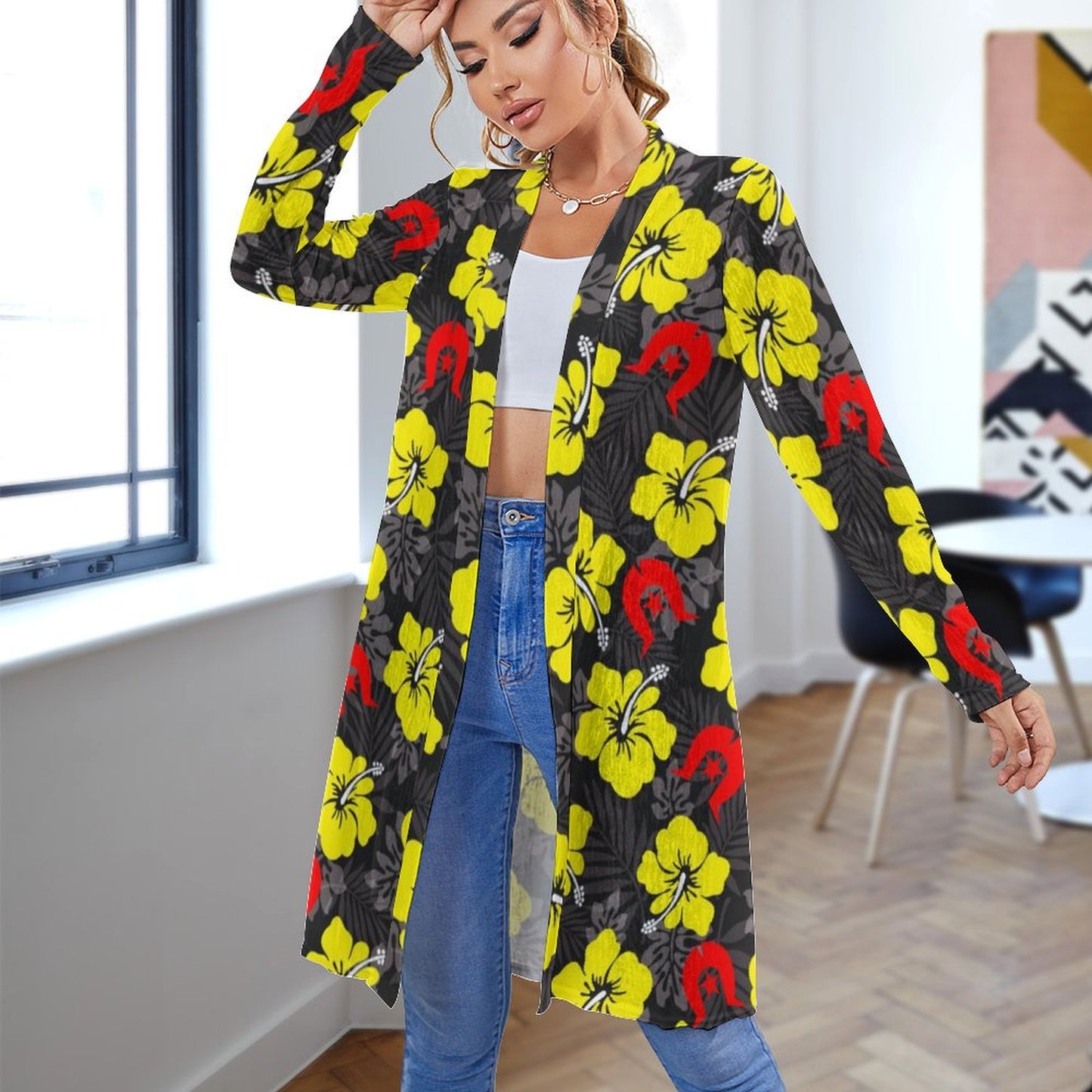 Royal yellow Hibiscus with Red Dhari on Women's Mid-length Cardigan