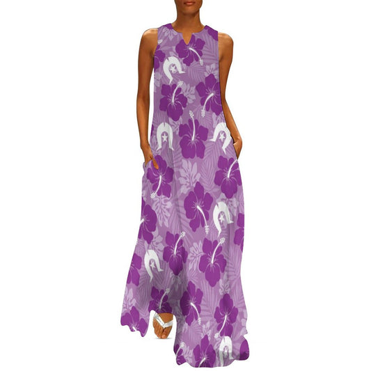 Hibiscus flowers with Dhari (Royal purple) on Sleeveless Ankle-length Dress