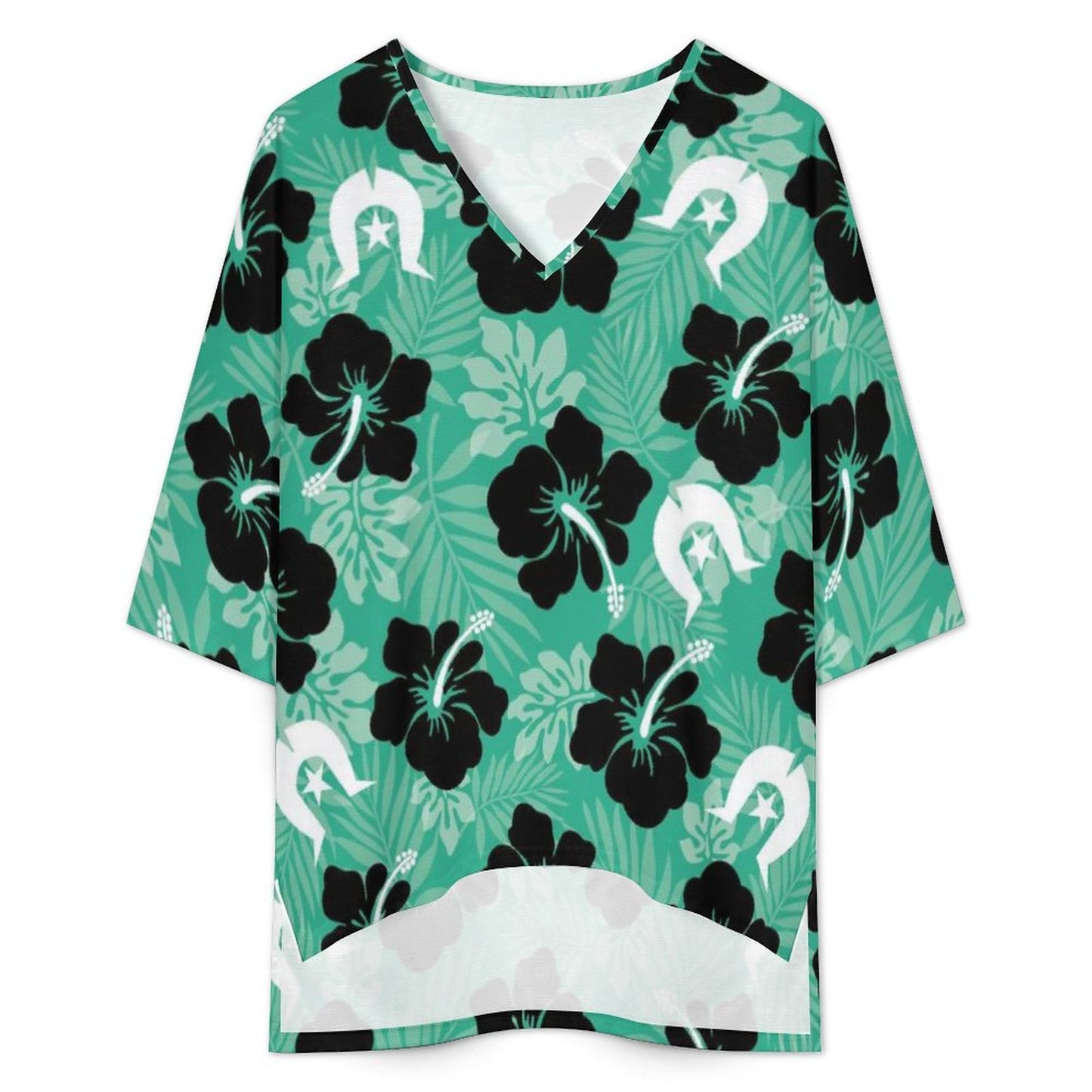 Black Hibiscus with White Dhari on Mediterranean Style V-Neck Suit