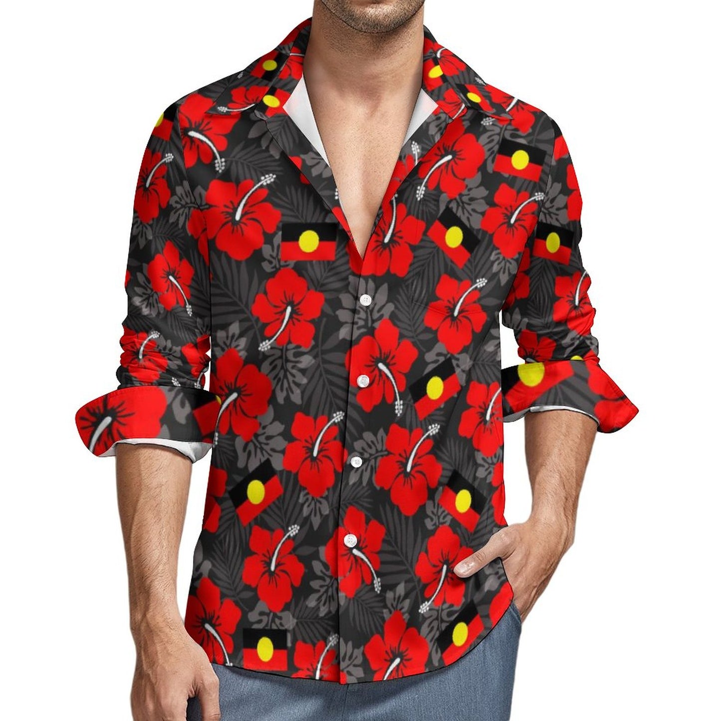 Hibiscus flowers with Aboriginal Flag on Men's Long Sleeve Shirt