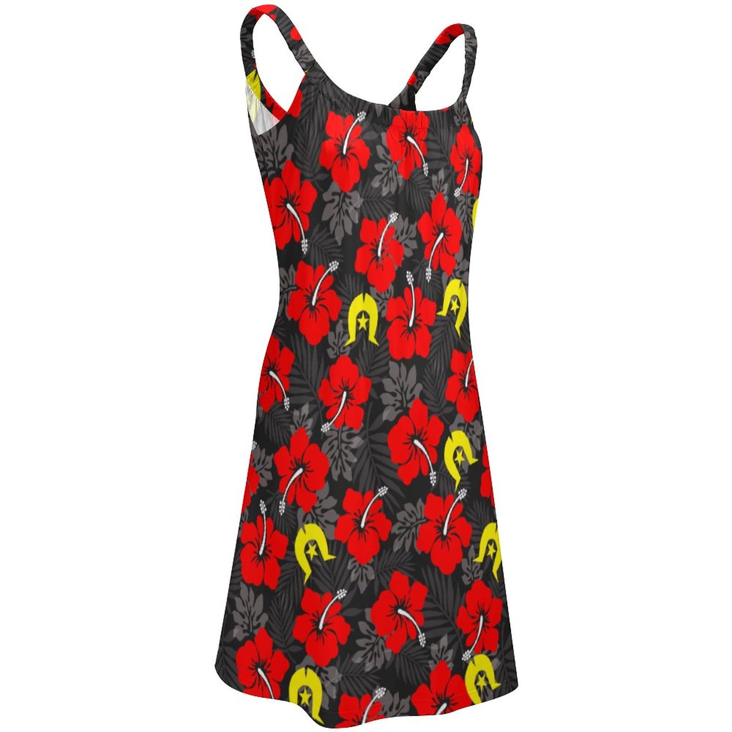 Royal Red Hibiscus with Yellow Dhari on Sleeveless Dress