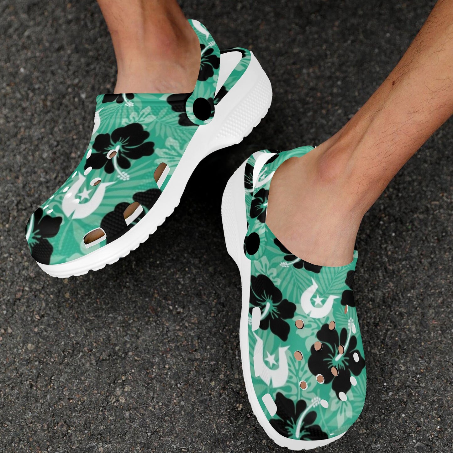 Black Hibiscus with White Dhari on Adults Clogs