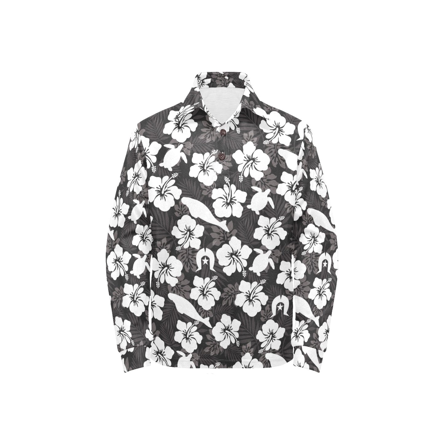 White Hibiscus with Dugong, Turtle and Dhari on Little Boys' Long Sleeve Polo Shirt