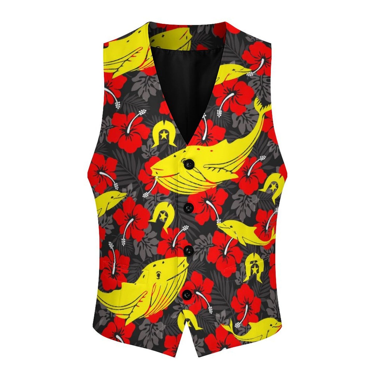 Royal Red Hibiscus with Yellow Dhari, Whale and Dolphin on Men's Sleeveless Suit Vest