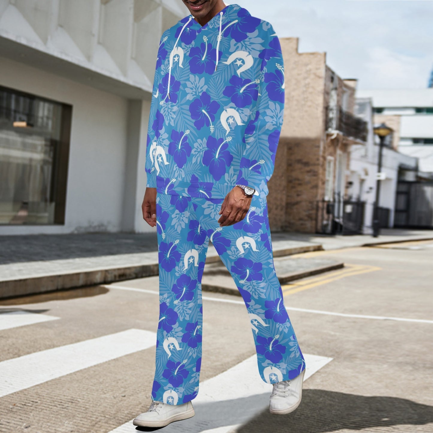 Hibiscus flowers with Dhari (Royal blue) on Men's Streetwear Oversized Flared Tracksuit