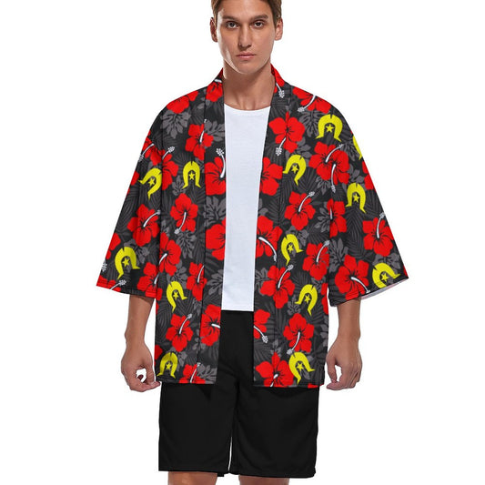 Royal Red Hibiscus with Yellow Dhari on Drop Shoulder Male Kimono Cardigan