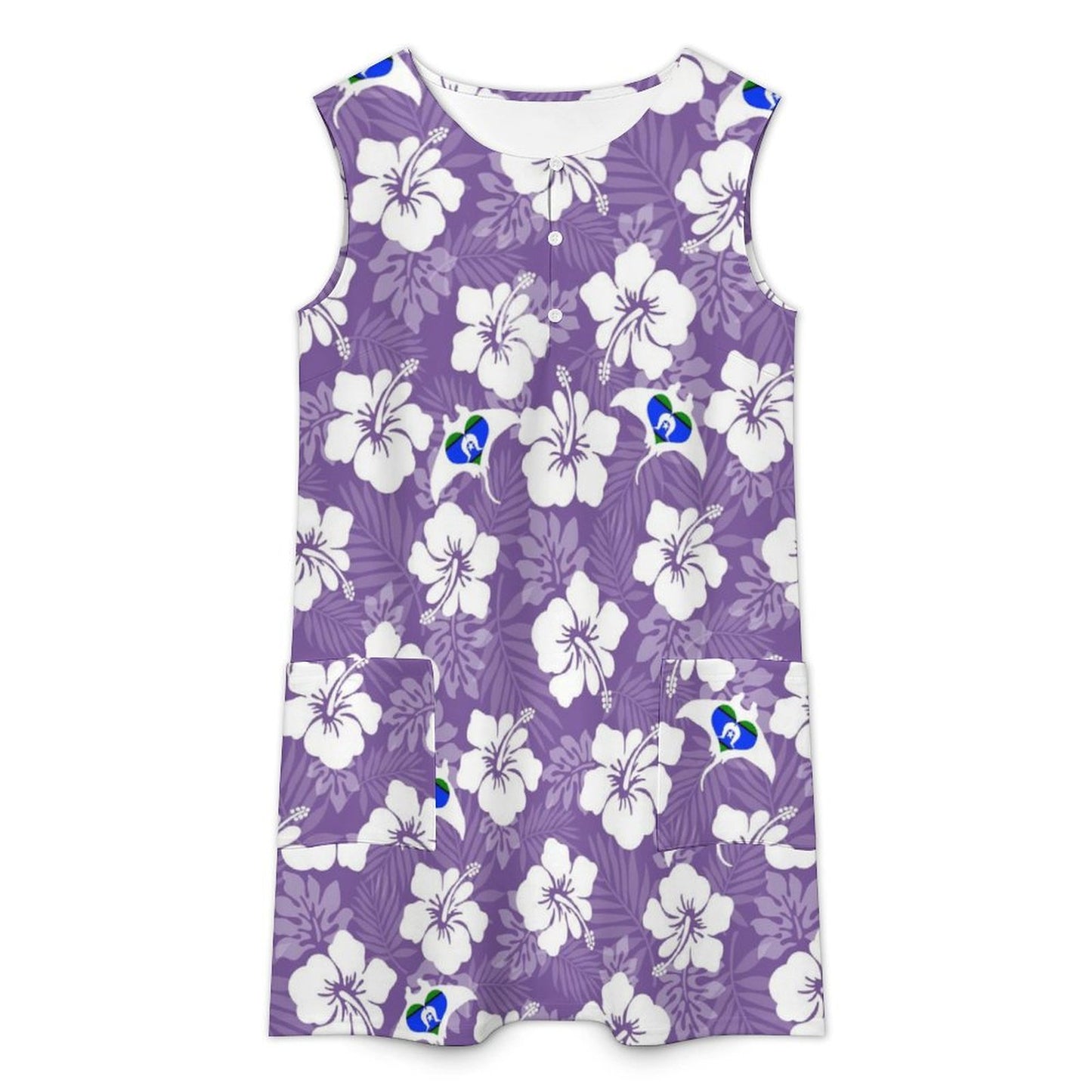 White Hibiscus with Torres Strait flag in Stingray (Purple) Sleeveless Pocket Dress
