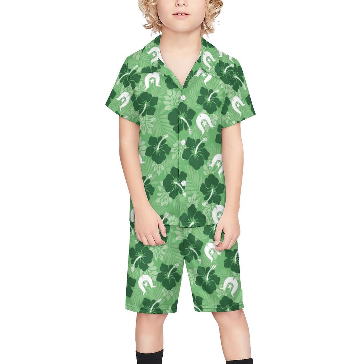 Hibiscus flowers with Dhari (Sea Grass Green) on Youth's/Kid's Casual Beach Outfit