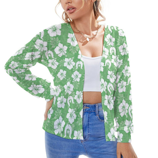 White Hibiscus flowers with Dhari (Green) on Long Sleeve Drop Shoulder Open Shirt