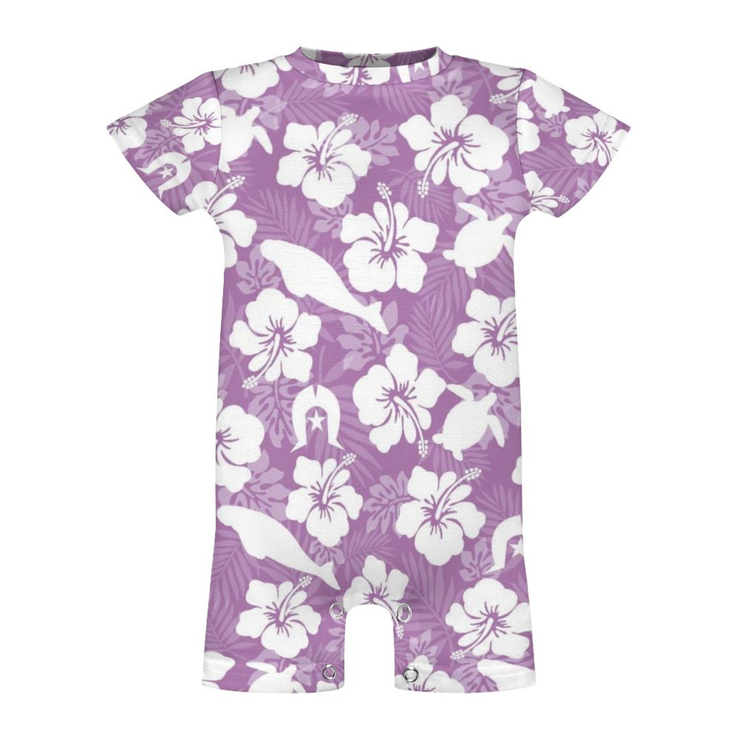 White hibiscus flowers with Dhari, Shark and Turtle (Purple) on Faux Cotton Short Sleeve Baby Bodysuit Romper