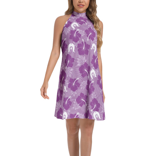 Hibiscus flowers with Dhari (Royal purple) on Tie Back Halter Neck Flared Dress