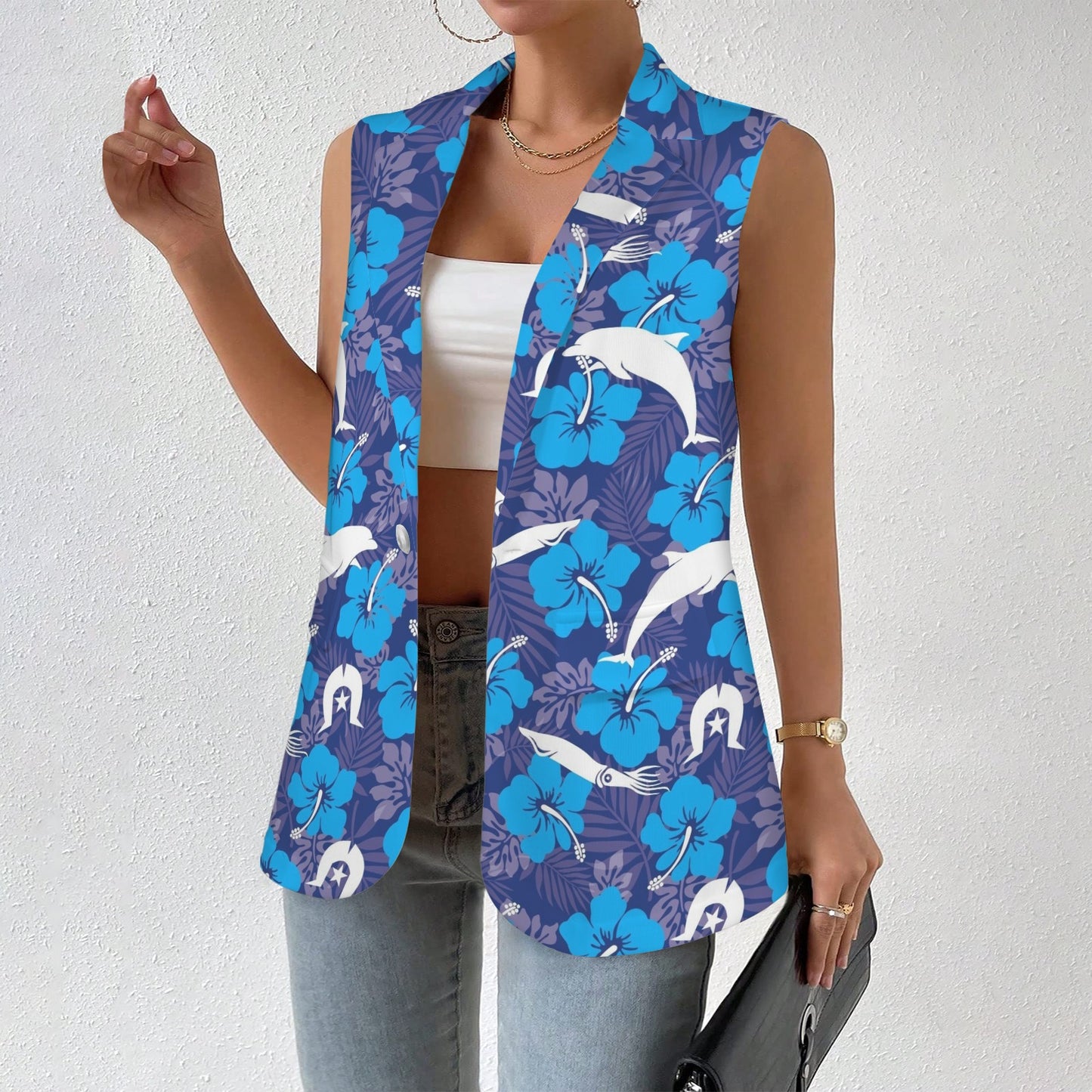 Hibiscus flowers with Dolphin, Squid and Dhari (Royal blue) on Women Sleeveless Suit Vest