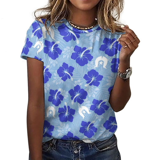Hibiscus flowers with White Dhari (Sky blue) on Cotton Summer Short Sleeve T-Shirts for Women