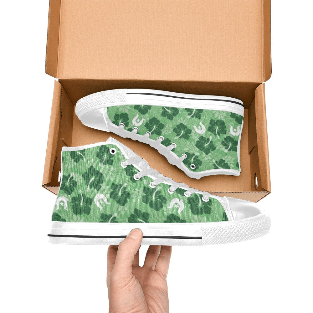 Hibiscus flowers with White Dhari (Sea Grass Green) on Women's High Top Canvas Shoes