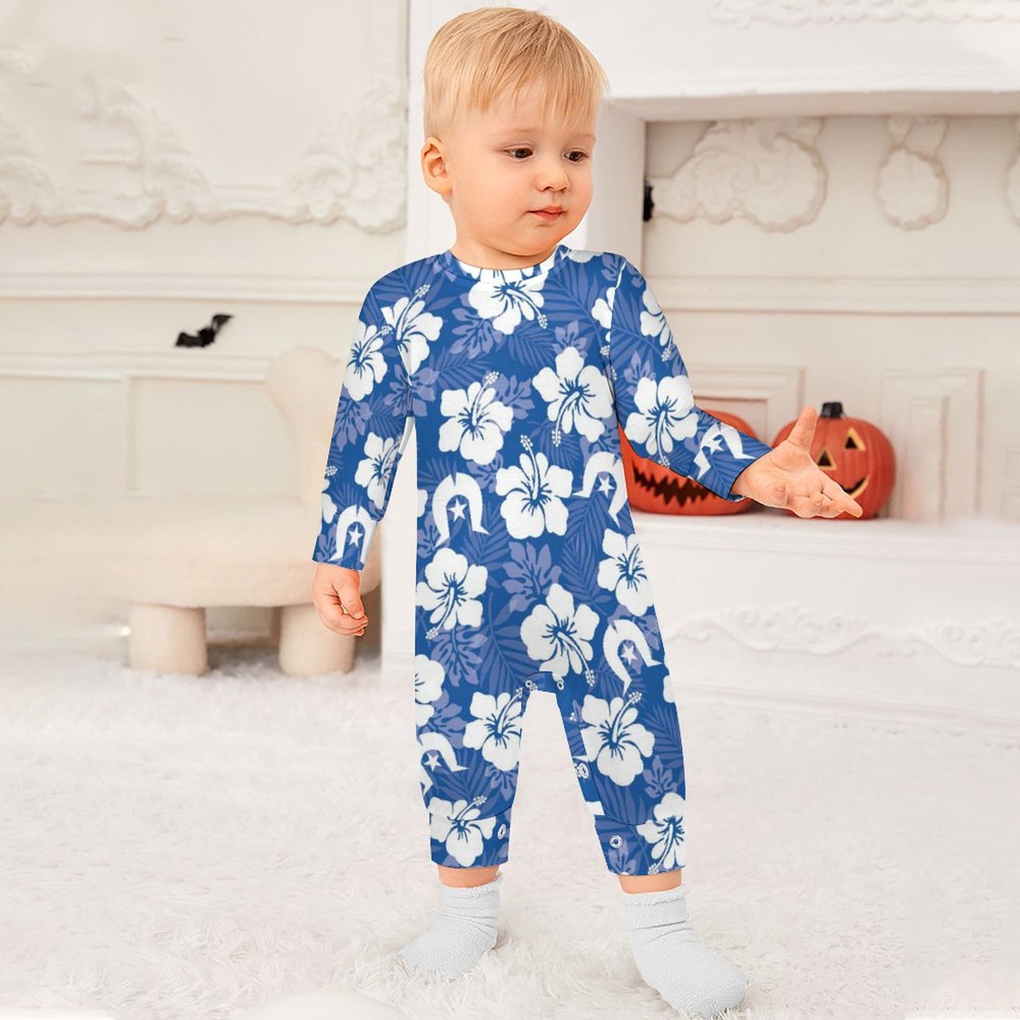 White Hibiscus and Dhari (Blue) on Baby Romper