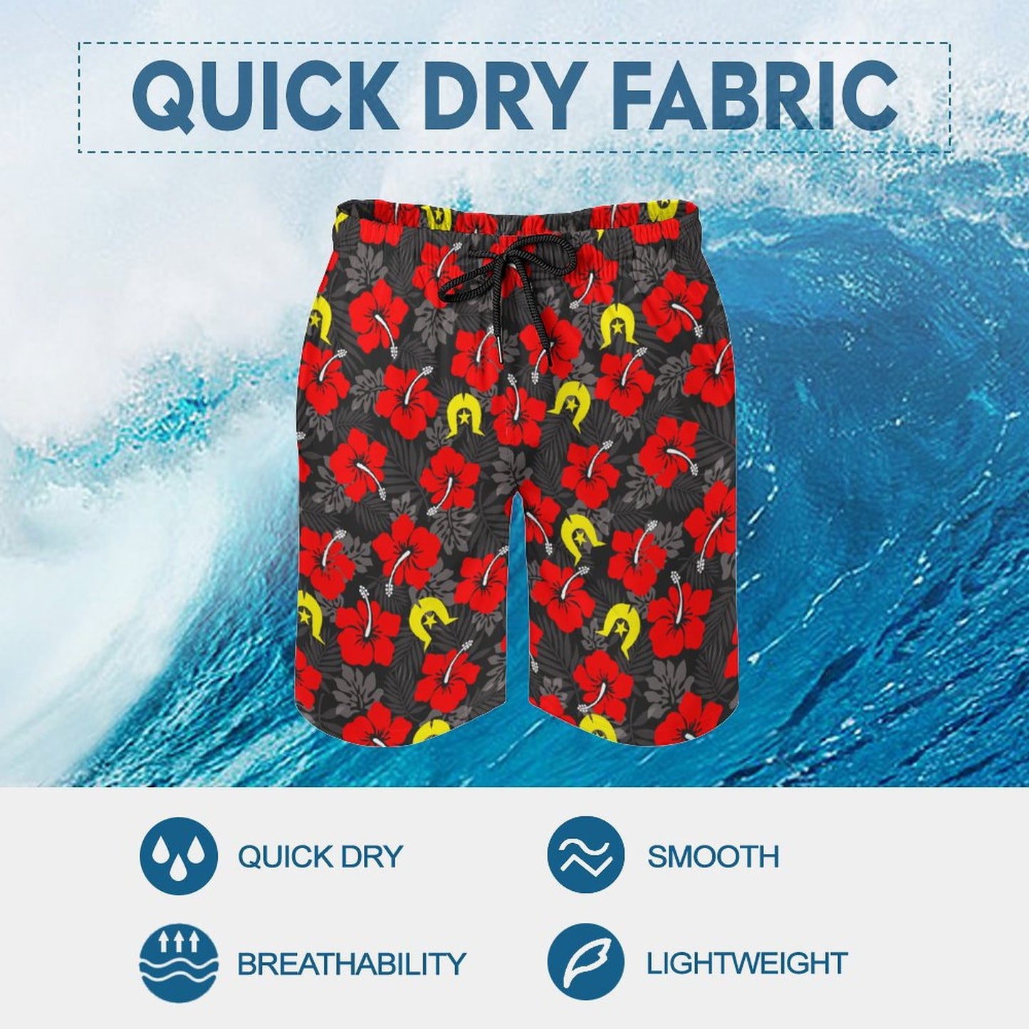 Royal Red Hibiscus with Yellow Dhari on Men's Board Shorts