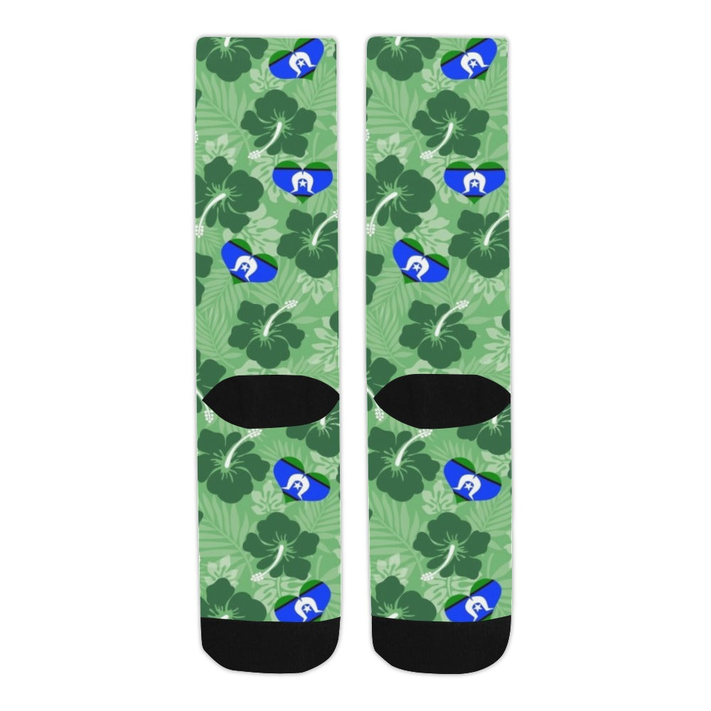 Hibiscus flowers with Torres Strait Heart Flag on (Sea Grass Green) on Crew Socks (Made In AUS)