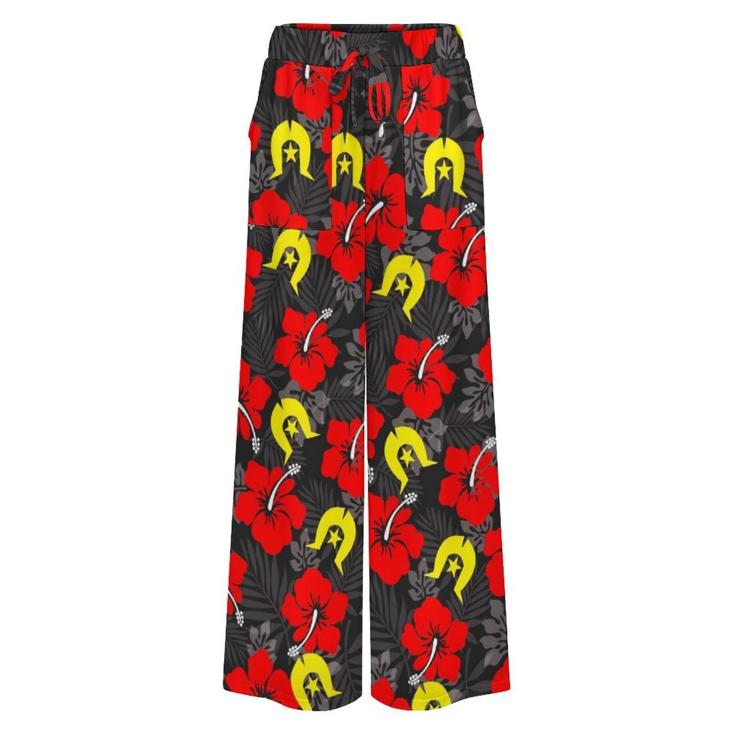 Royal Red Hibiscus with Yellow Dhari on Women’s Wide-Leg Pants