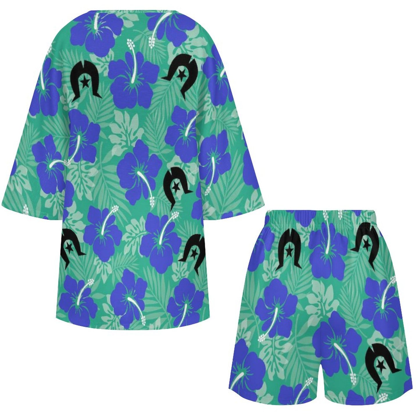 Royal Blue Hibiscus flowers with Black Dhari on  Mediterranean Style V-Neck Suit