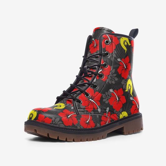 Royal Red Hibiscus with Yellow Dhari on Casual Leather Lightweight Boots
