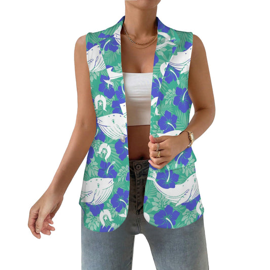 Royal Blue Hibiscus flowers with Whale, Dolphin and Dhari on Women Sleeveless Suit Vest