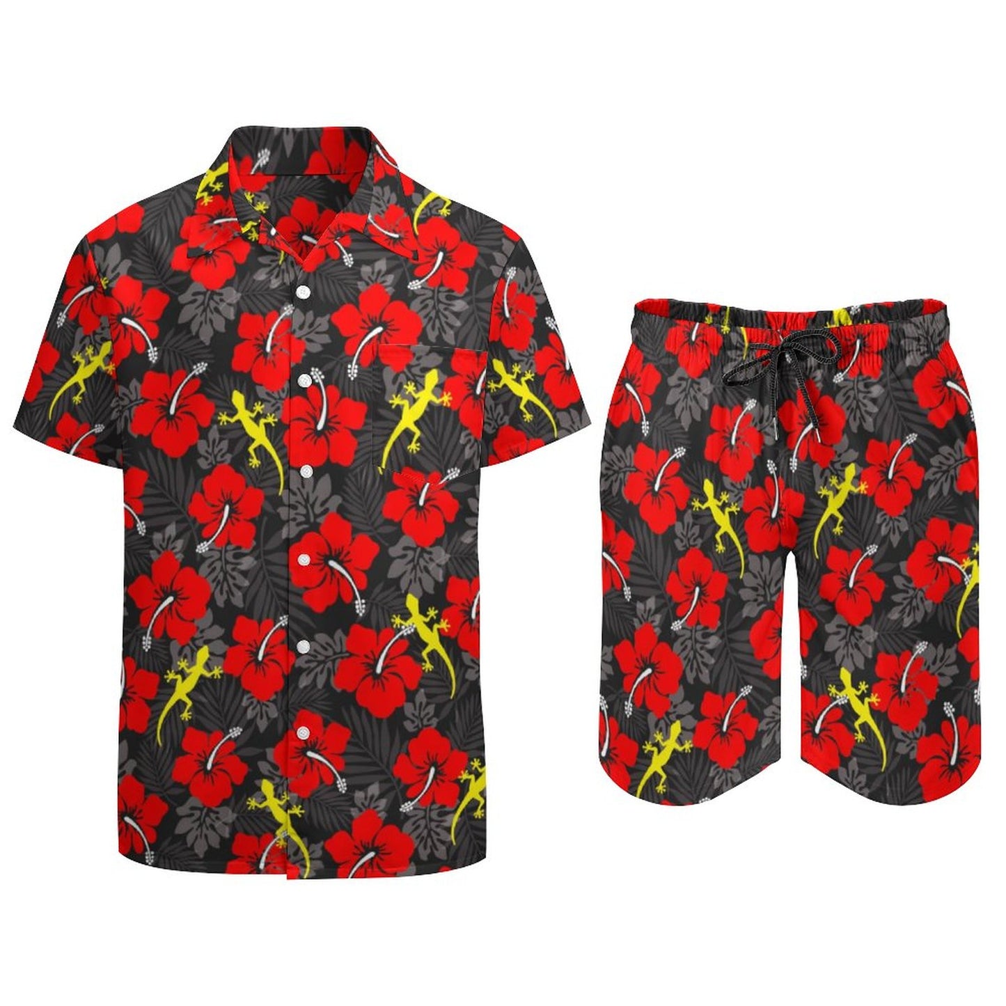 Royal Red Hibiscus flowers with Gecko on Hawaiian Suits for Men