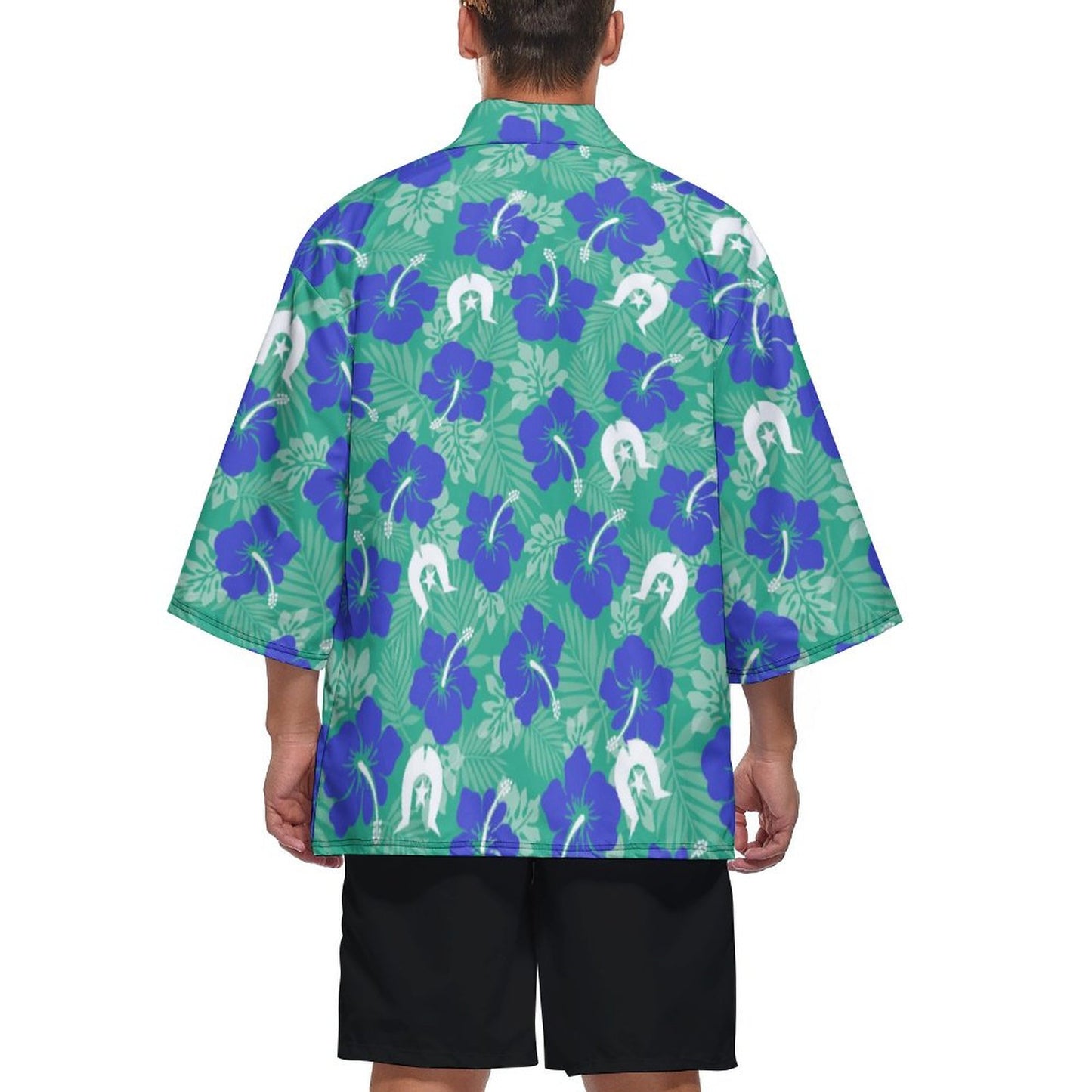 Royal Blue Hibiscus flowers with Dhari on Drop Shoulder Male Kimono Cardigan