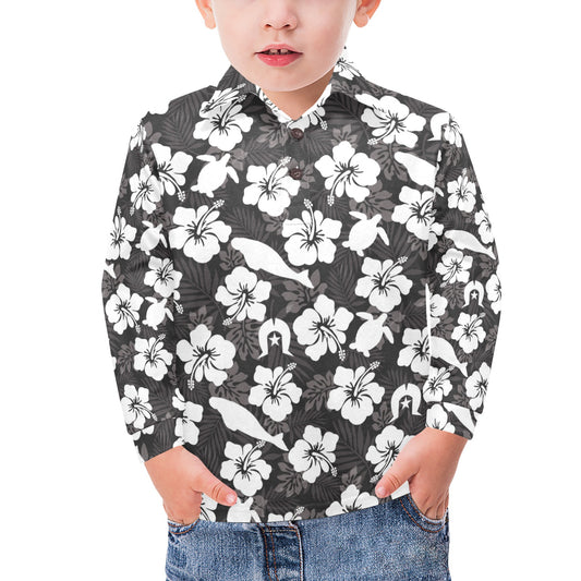 White Hibiscus with Dugong, Turtle and Dhari on Little Boys' Long Sleeve Polo Shirt