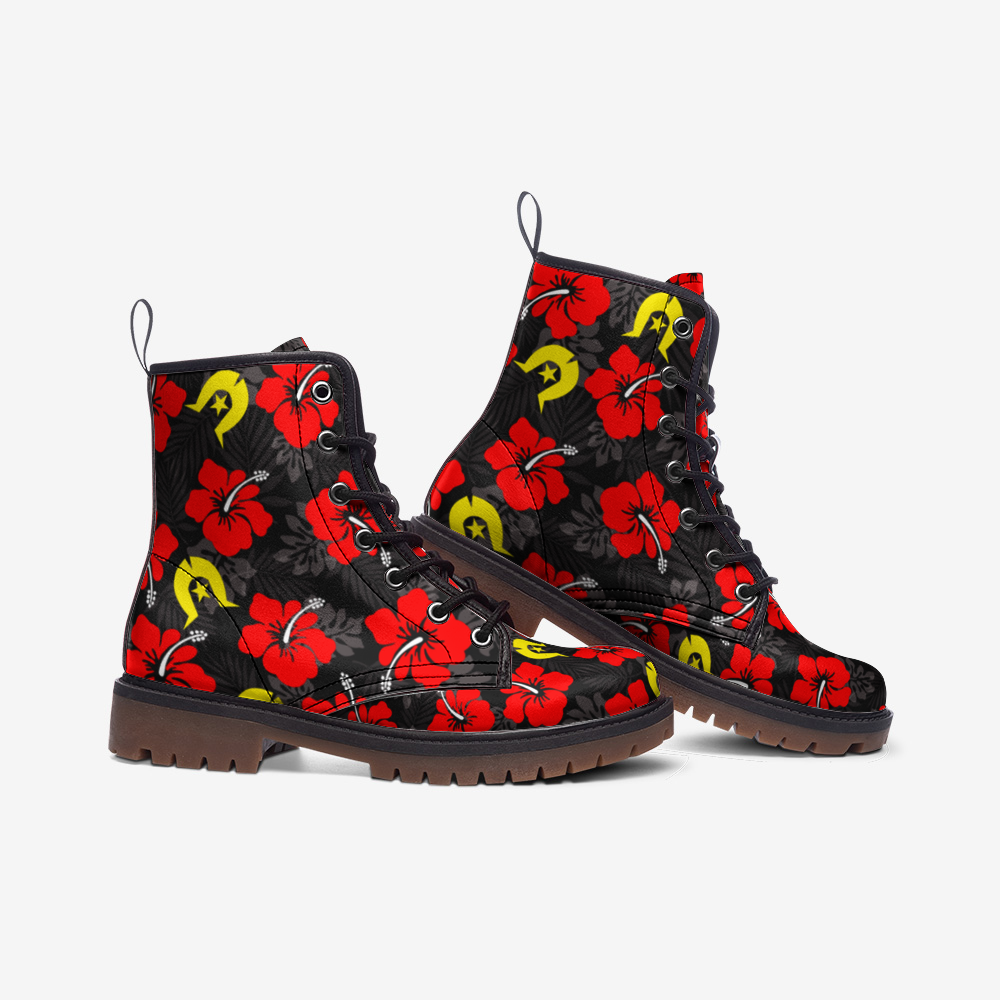 Royal Red Hibiscus with Yellow Dhari on Casual Leather Lightweight Boots