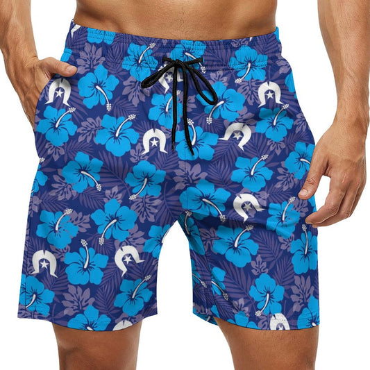 Hibiscus flowers with White Dhari (Royal blue) on Men's Board Shorts