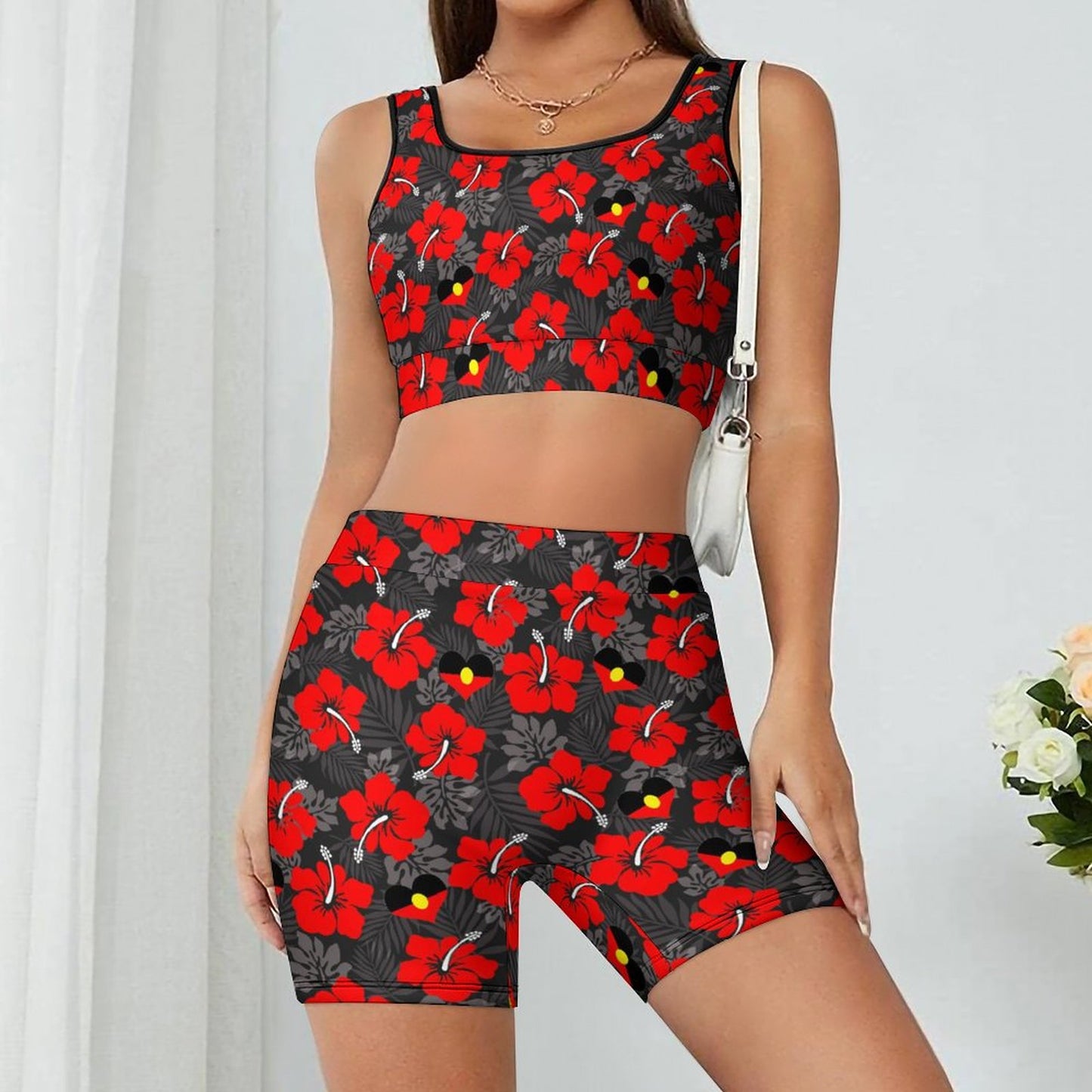 Royal Red Hibiscus and heart shaped Aboriginal flag on Yoga Workout Outfits