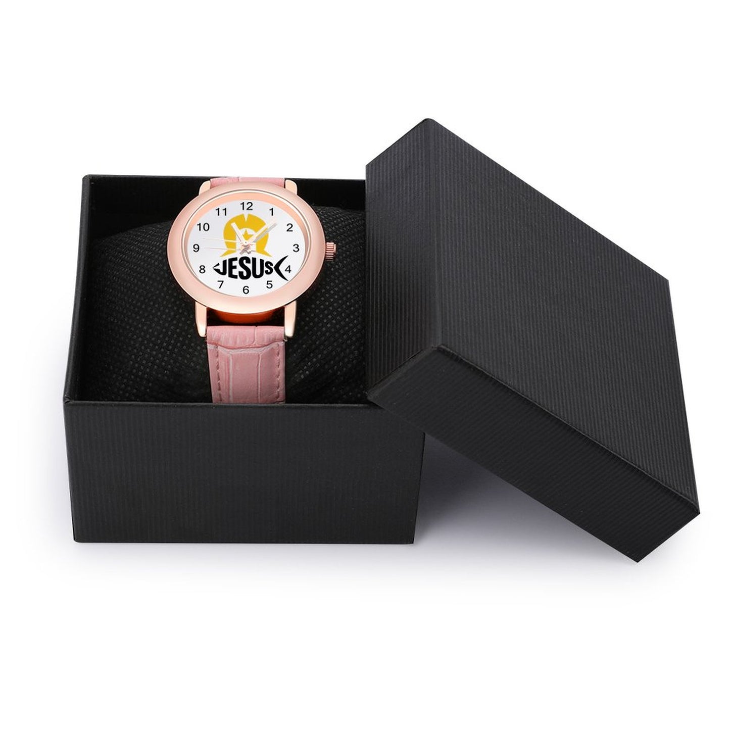 Gold coloured Dhari with Fish shaped 'Jesus' name on Ladies Watch with PU Leather Band