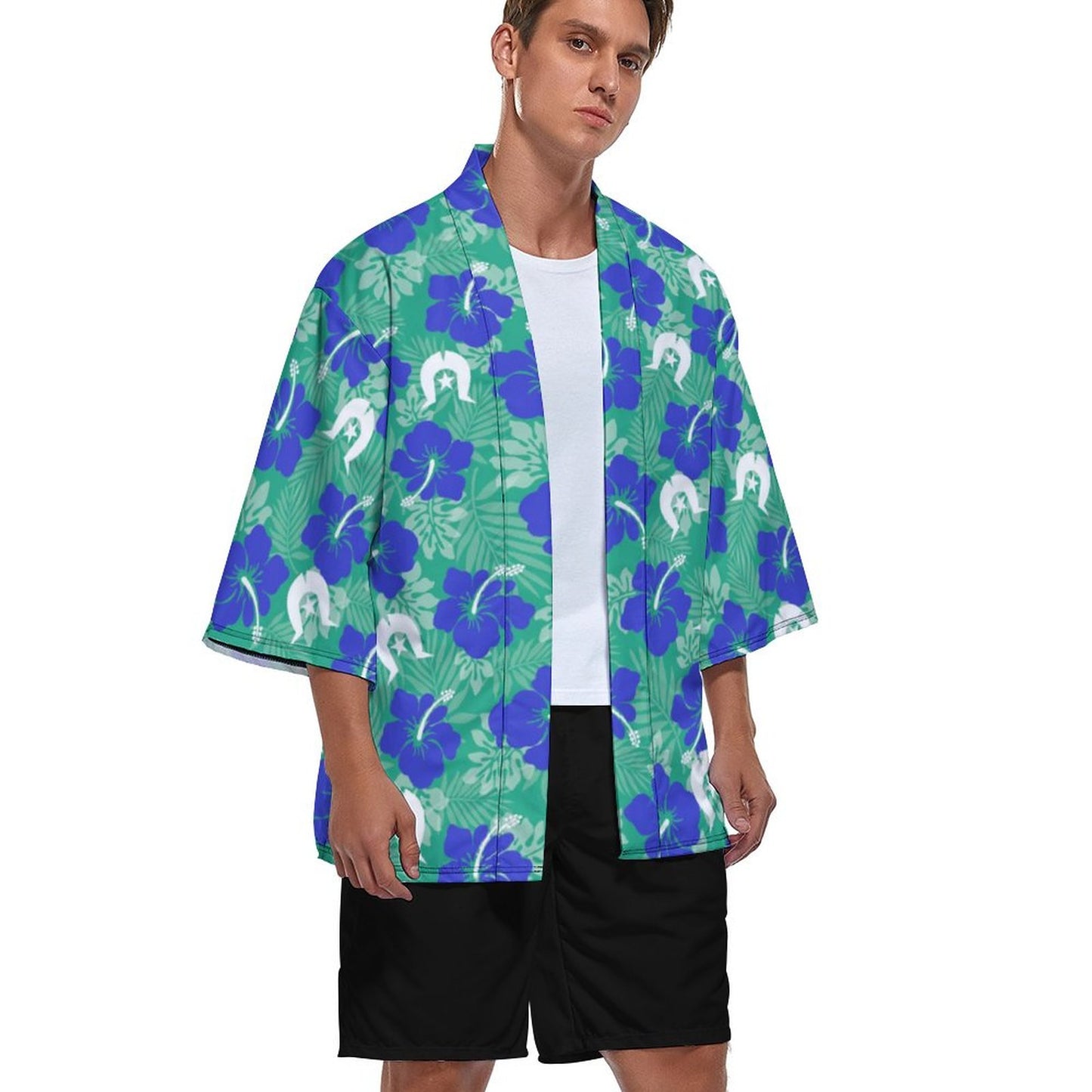 Royal Blue Hibiscus flowers with Dhari on Drop Shoulder Male Kimono Cardigan