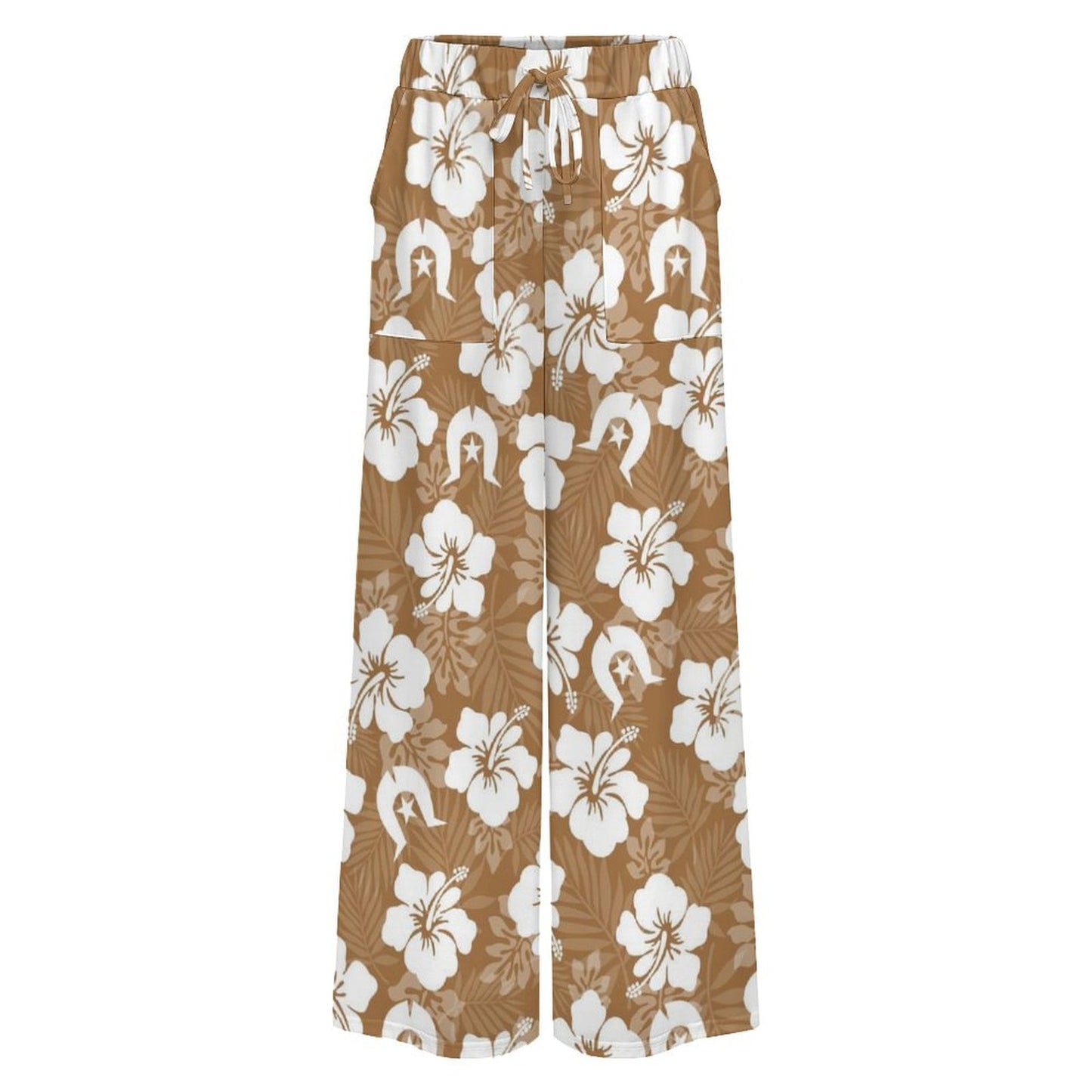 White Hibiscus flowers with Dhari (Brown) on Women’s Wide-Leg Pants