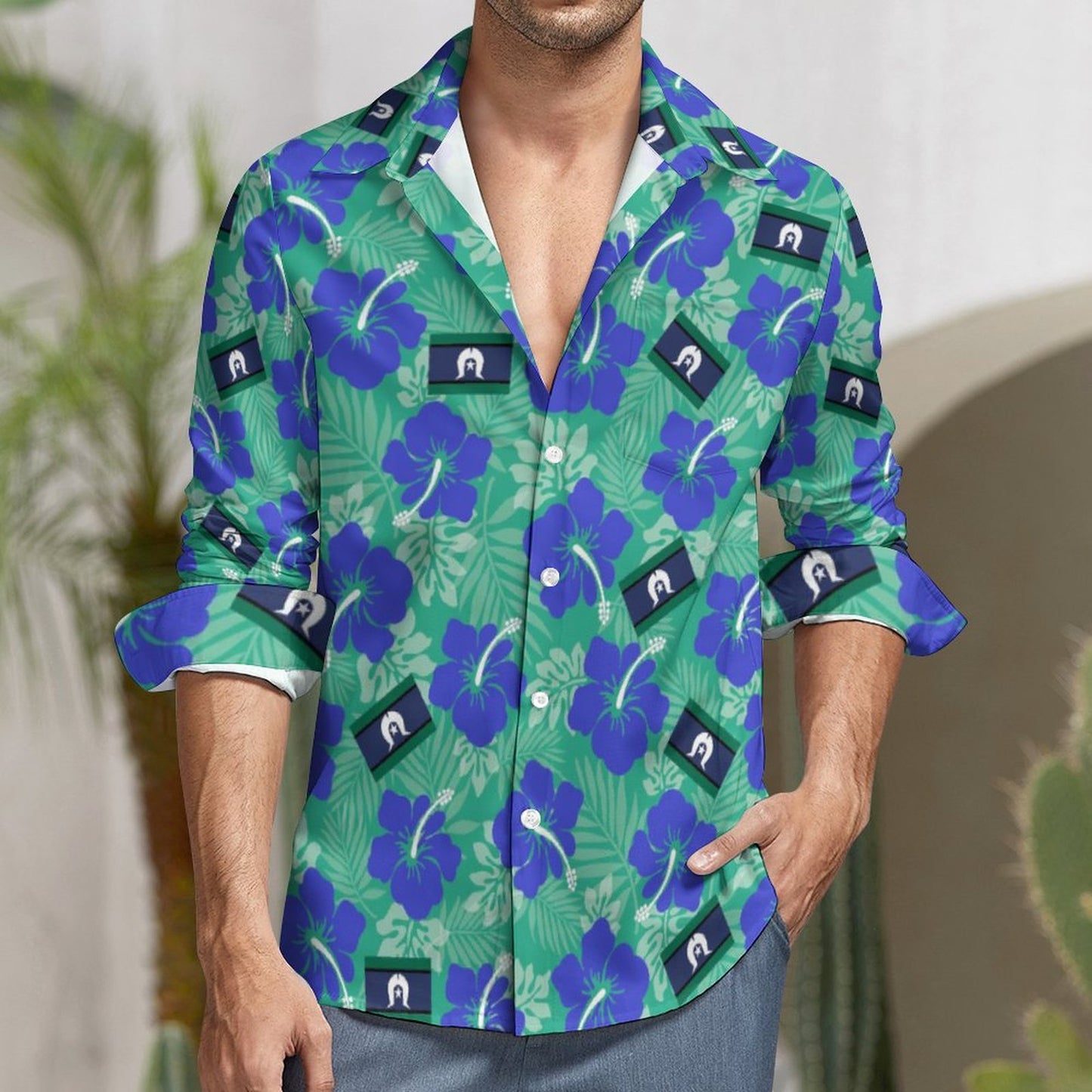 Hibiscus flowers with Torres Strait Flag on Men's Long Sleeve Shirt