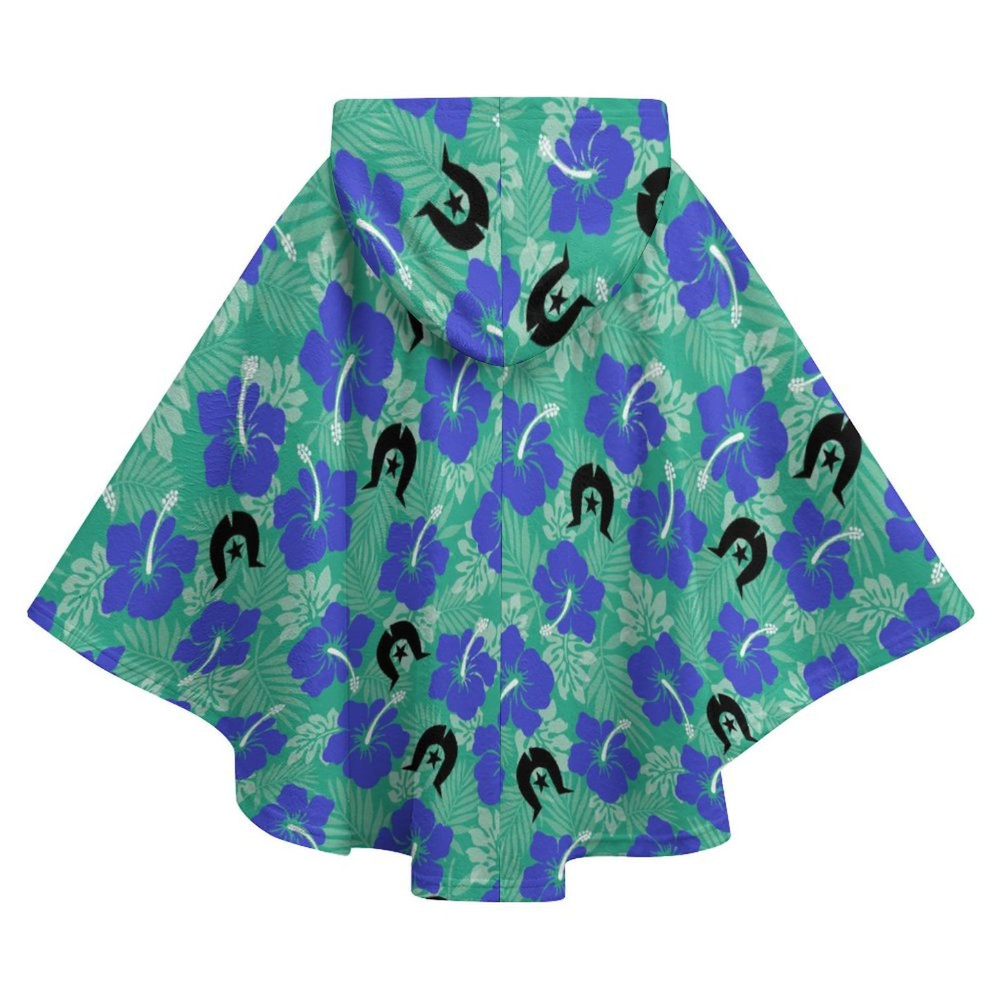 Royal Blue Hibiscus flowers with Black Dhari on Fleece Hooded Cape for Adults