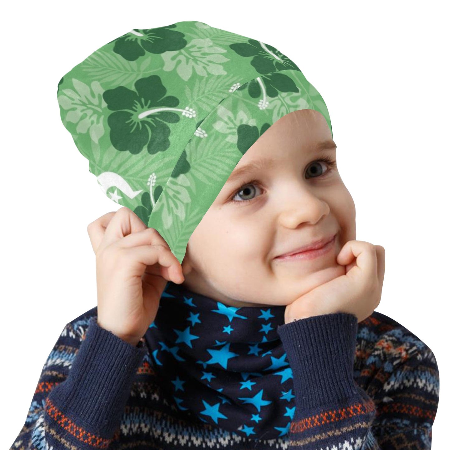 Hibiscus flowers with Dhari (Sea Grass Green) on Beanie for Kids